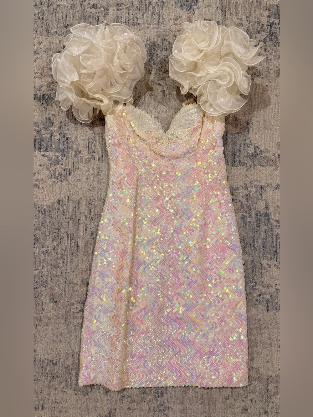 Vintage 80s Iridescent Sequin Cocktail Dress with Ruffled Shoulder Accents